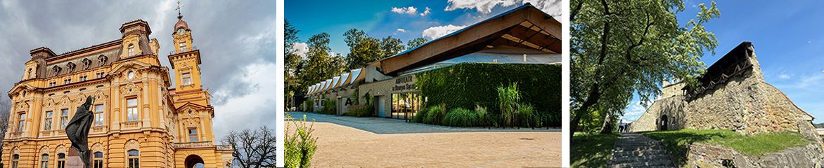 Od lewej - Ratusz - siedziba Urzędu Miasta, środek Amfiteatr w Parku Strzeleckim, po prawej Ruiny zamku - Baszta Kowalska