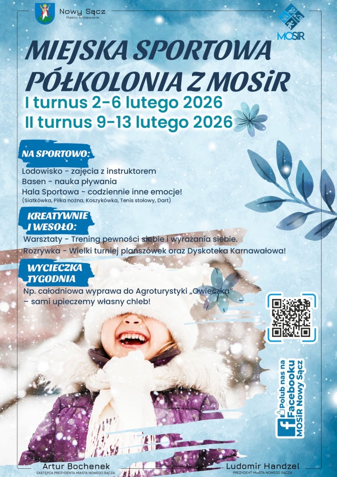 Plakat informujący o akcji "Bezpieczne ferie 2026" MOSiR