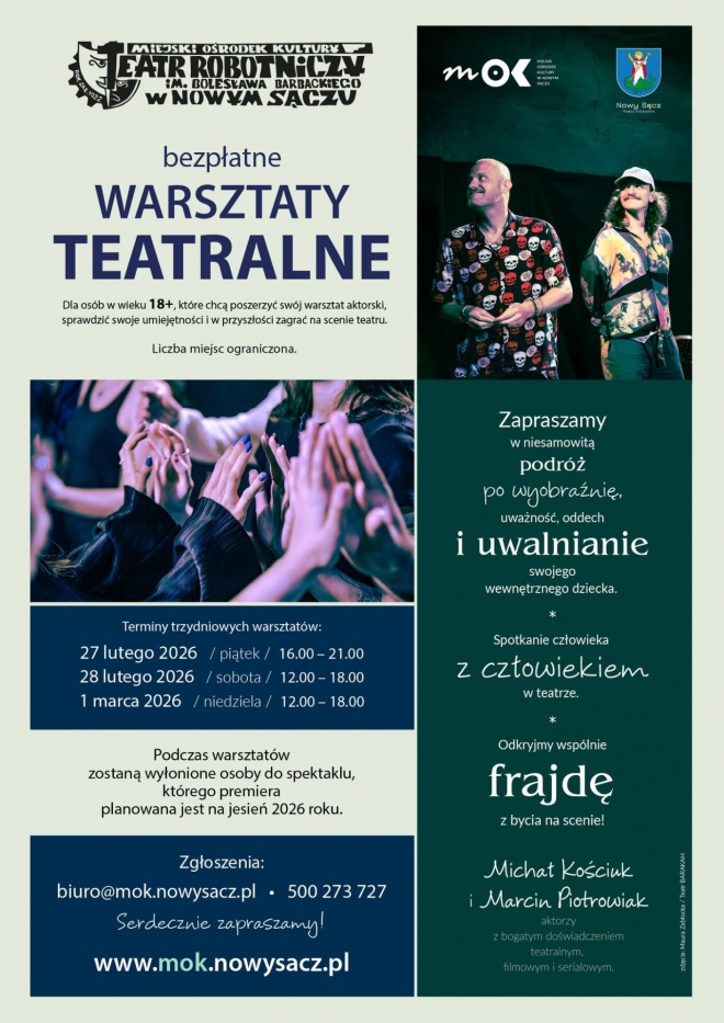 Plakat informujący o warsztatach aktorskich w MOK