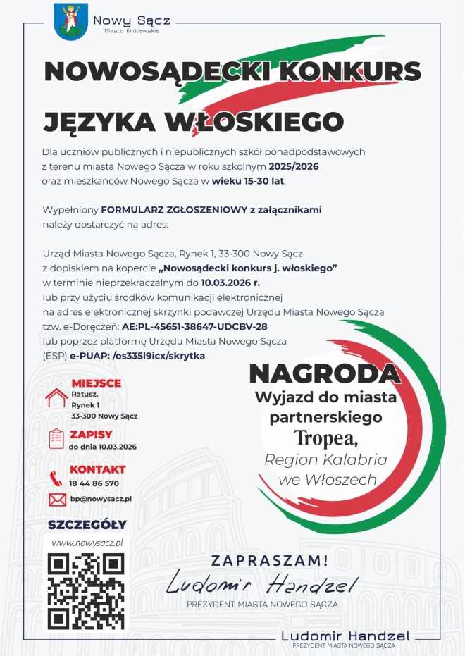 Plakat informujący o Nowosądeckim Konkursie Języka Włoskiego