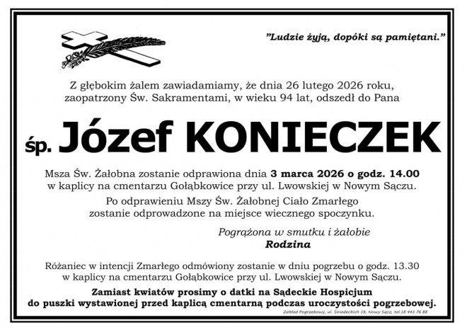 Klepsydra z informacją o śmierci Józefa Konieczka