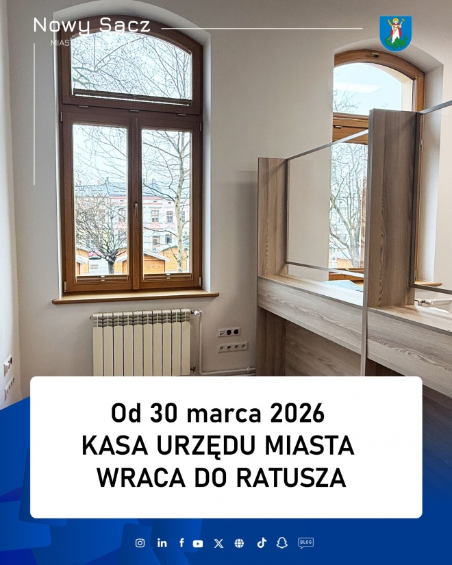 Plakat informujący o zmianie adresu kasy Urzędu Miasta