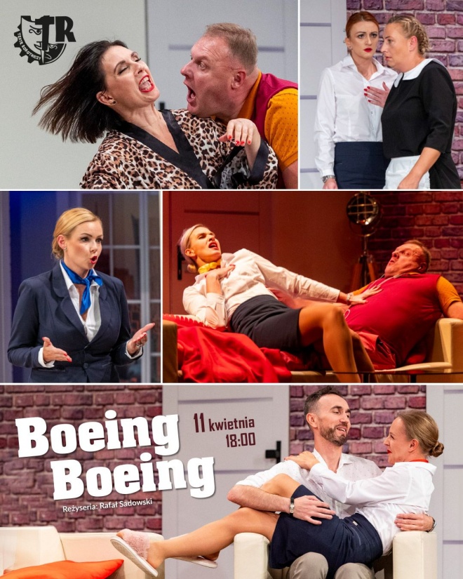 Plakat informujący o spektaklu pt. "Boeing, Boeing" w MOK