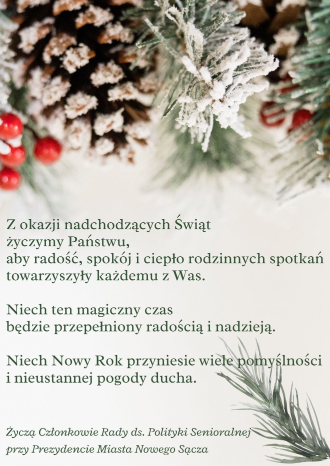 grafika z życzeniami od Rady na białym tle, wokół ozdobne gałązki świątyeczne grafika z życzeniami