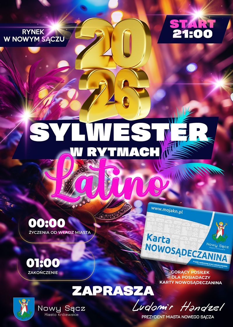 Plakat promujący zabawę sylwestrową w Nowym Sączu 