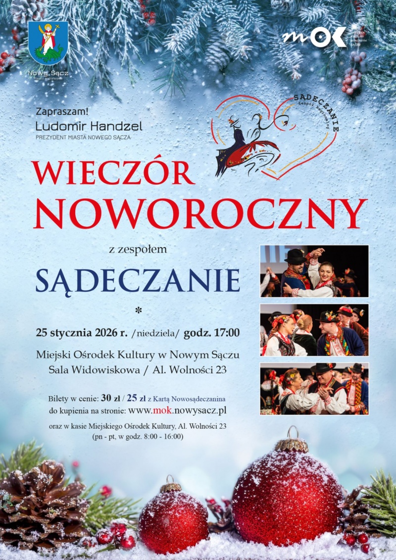 Plakat informujący o Wieczorze Noworocznym w MOK