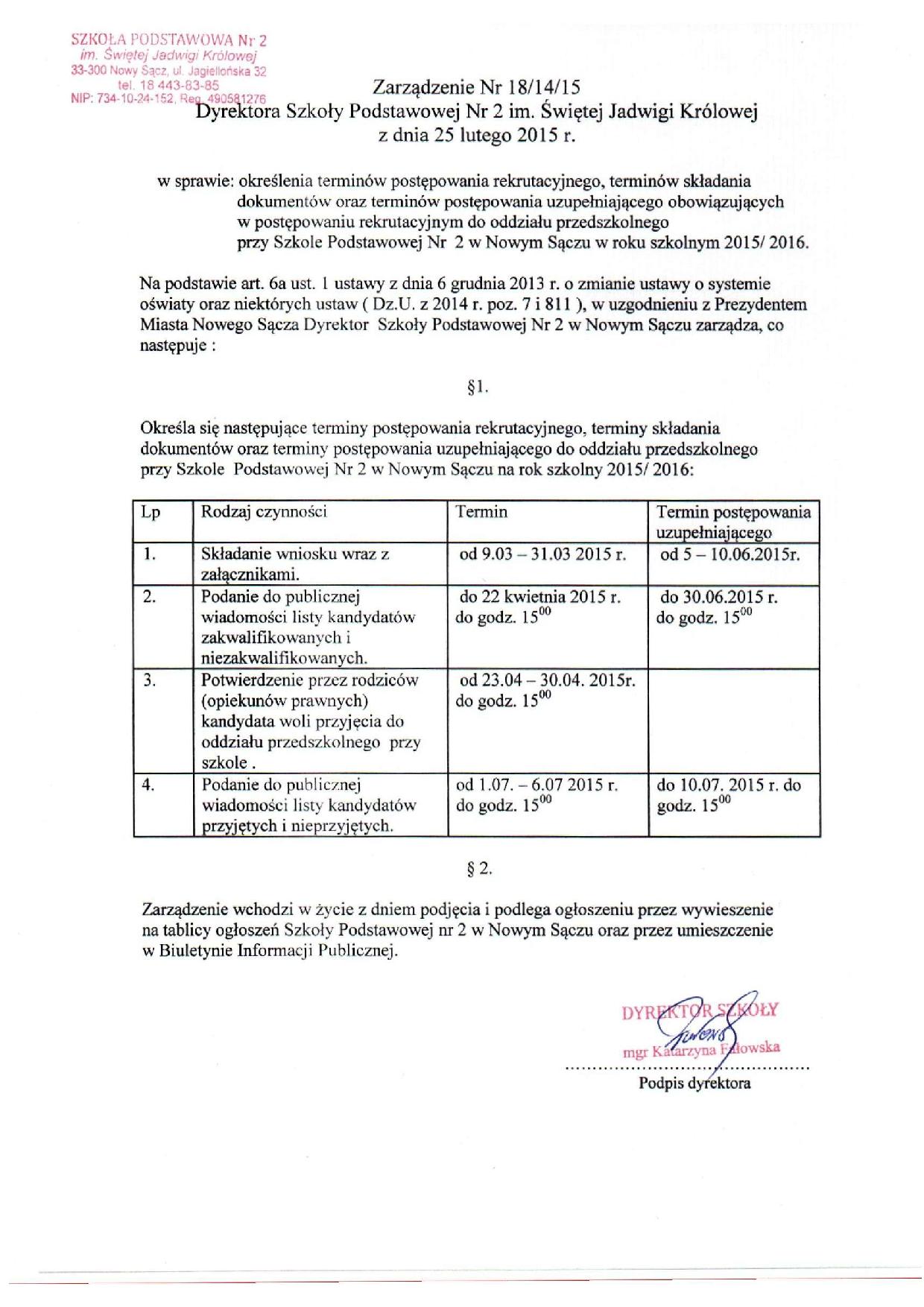 Zarządzenie w sprawie rekrutacji do oddziału przedszkolnego