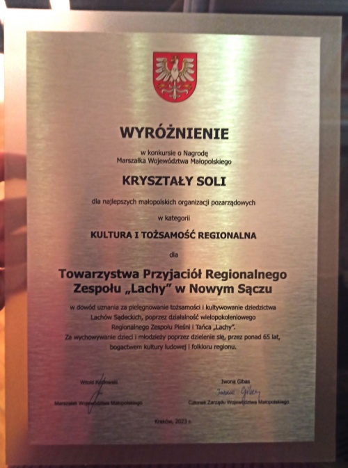 Wyróżnienie dlaTowarzystwa Przyjaciół Regionalnego Zespołu „Lachy” 