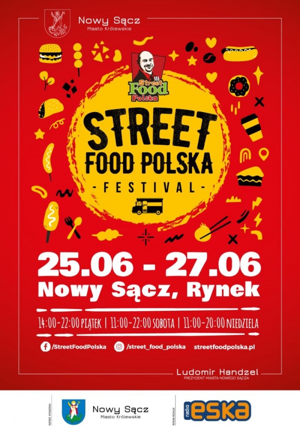 Plakat promujący zlot food trucków na płycie Rynku w Nowym Sączu.