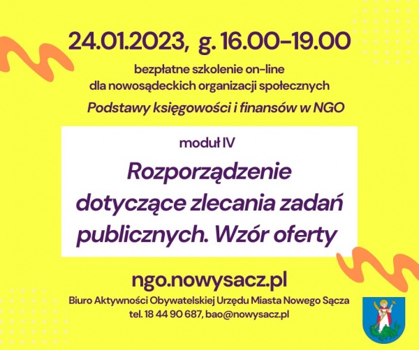 plakat dotyczący szkolenia z cyklu „Podstawy księgowości i finansów dla NGO”.