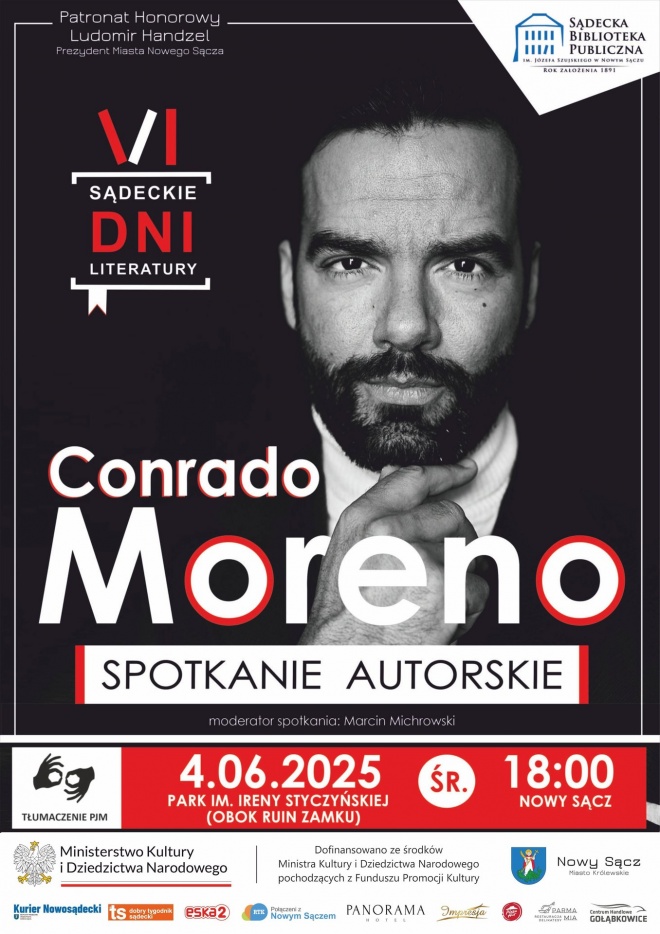 Plakat informujący o spotkaniu z Conrado Moreno
