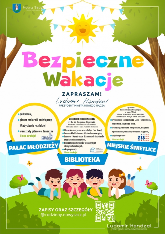 Plakat informujący o aktywnościach w ramach akcji "Bezpieczne wakacje"