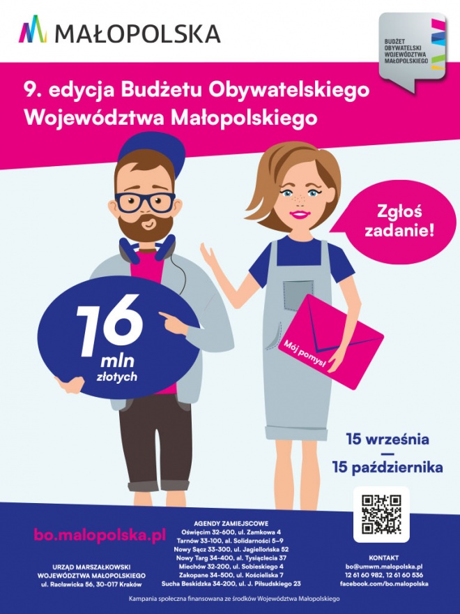 Plakat informujący o 9. edycji Budżetu Obywatelskiego Województwa Małopolskiego