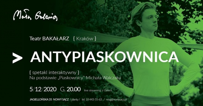 Zdjęcie plakatu Teatru Bakałarz przedstawiający informacje o spektaklu interaktywnym Antypiaskownica 