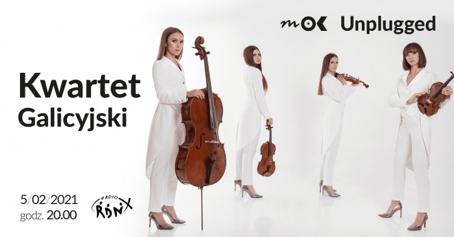 Plakat przedstawia Kwartet Galicyjski z instrumentami w rękach.