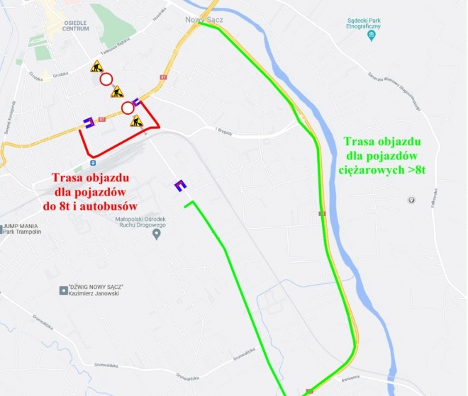 Mapa tras objazdów dla pojazdów do 8 t i autobusów