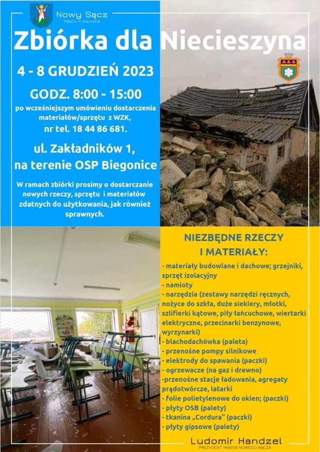 Plakat dotyczący zbiórki dla Miasta Partnerskiego Niecieszyn w Ukrainie 
