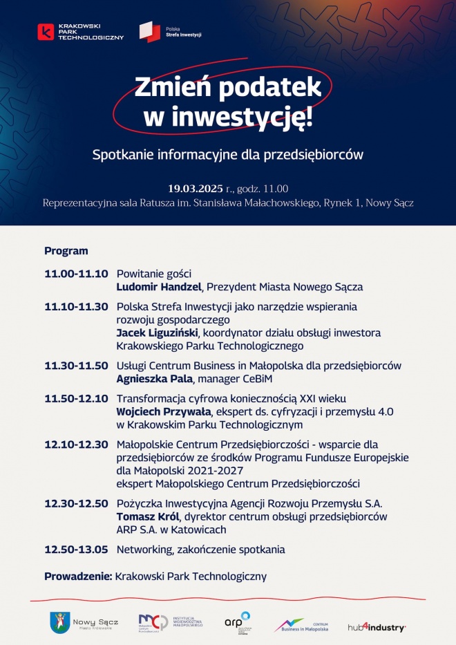 Agenda spotkania z przedsiębiorcami, loga uczestników oraz główne tematy spotkania