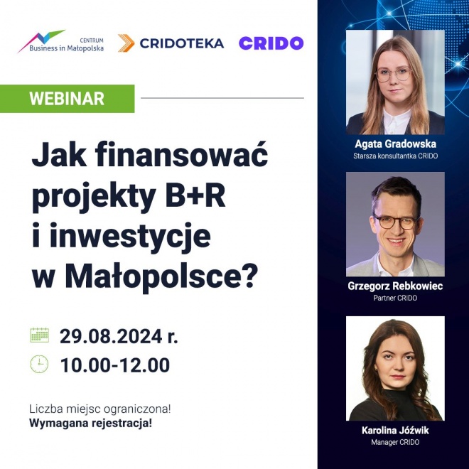 Baner webinar Jak finansować projekty B+R i inwestycje w Małopolsce? 29.08.2024 r. godz 10:00-12:00 wymagana rejestracja na wydarzenie, liczba miejsc ograniczona, załączone loga 3 firm loga firm 