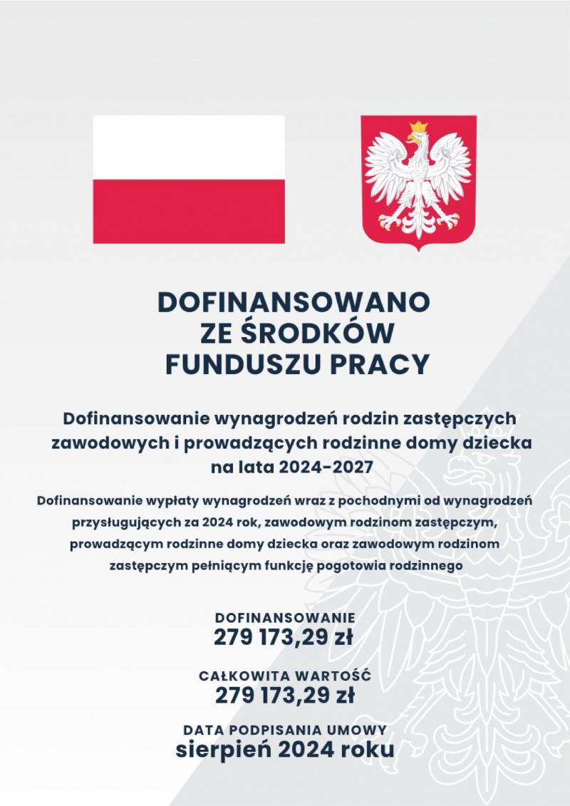 Plakat informujący o dofinansowaniu do wynagrodzeń rodzin zastępczych