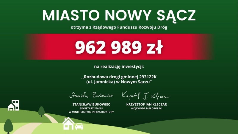 Tablica informacyjna dotycząca dofinansowania do remontu ul. Jamnickiej