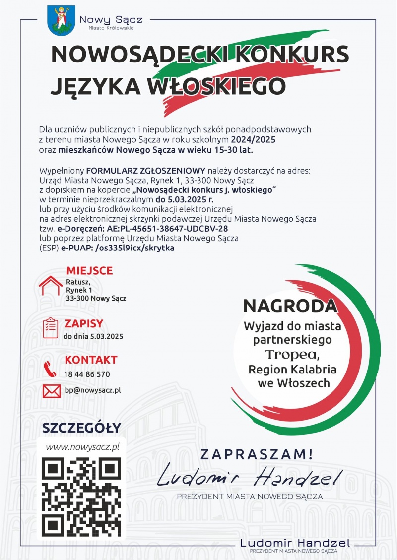 Plakat informujący o Nowosądeckim Konkursie Języka Włoskiego