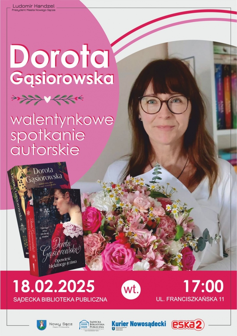 Plakat informujący o spotkaniu autorskim w Sądeckiej Bibliotece Publicznej 
