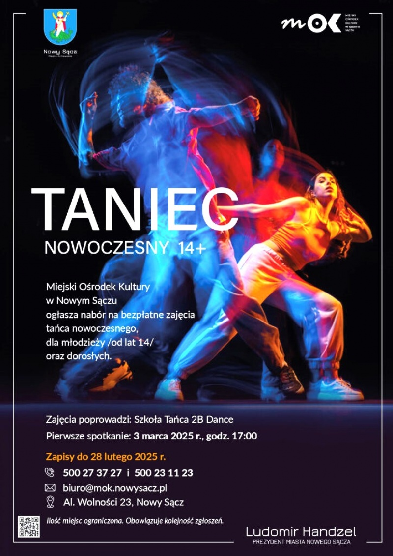 Plakat informujący o warsztatach tańca nowoczesnego  w MOK