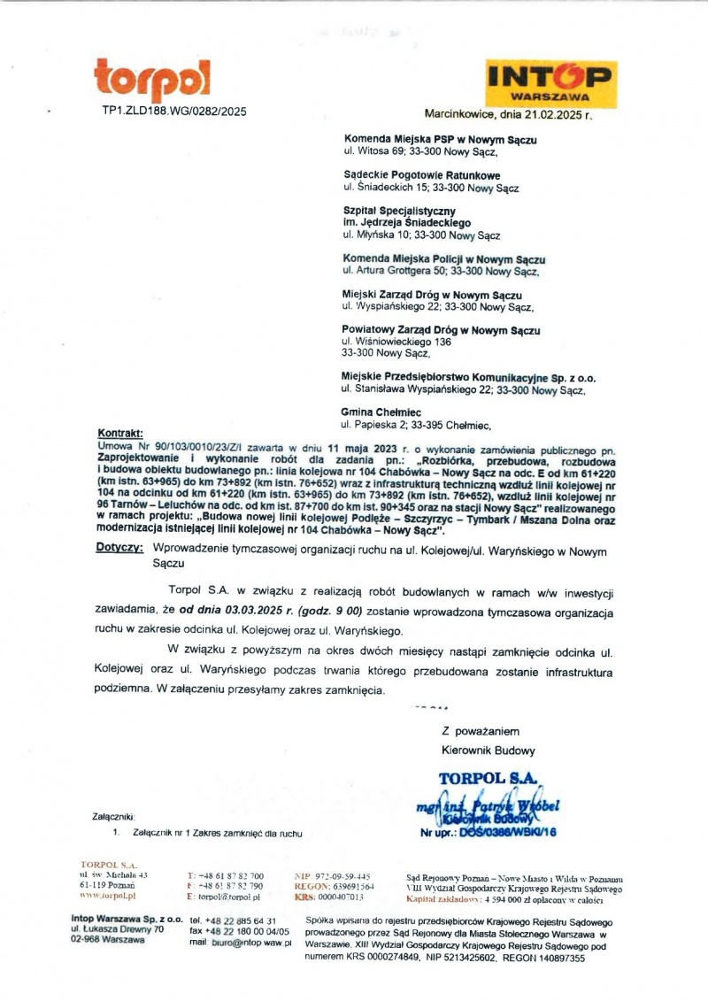 Informacja o zamknięciu skrzyżowania ulic Waryńskiego i Kolejowej