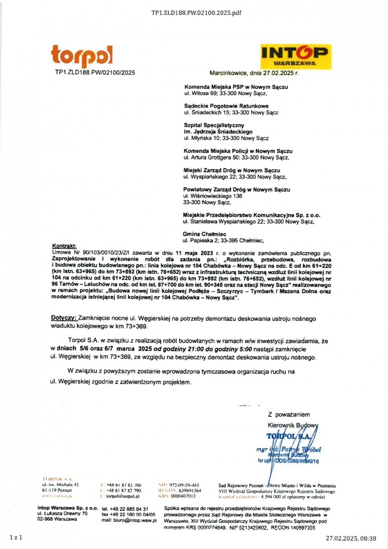 Informacja o zamknięciu odcinka ul. Węgierskiej