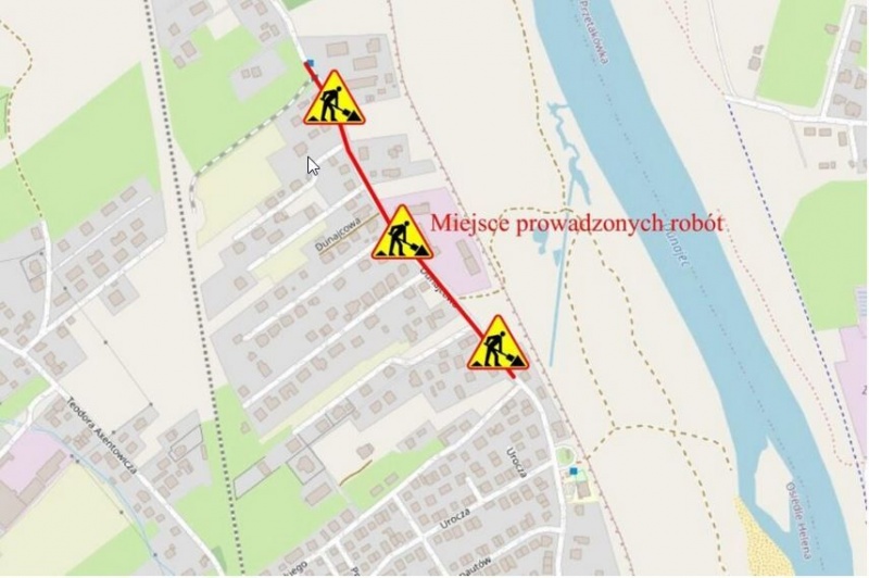 Mapka przedstawiająca zakres prac remontowych na ul. Dunajcowej 