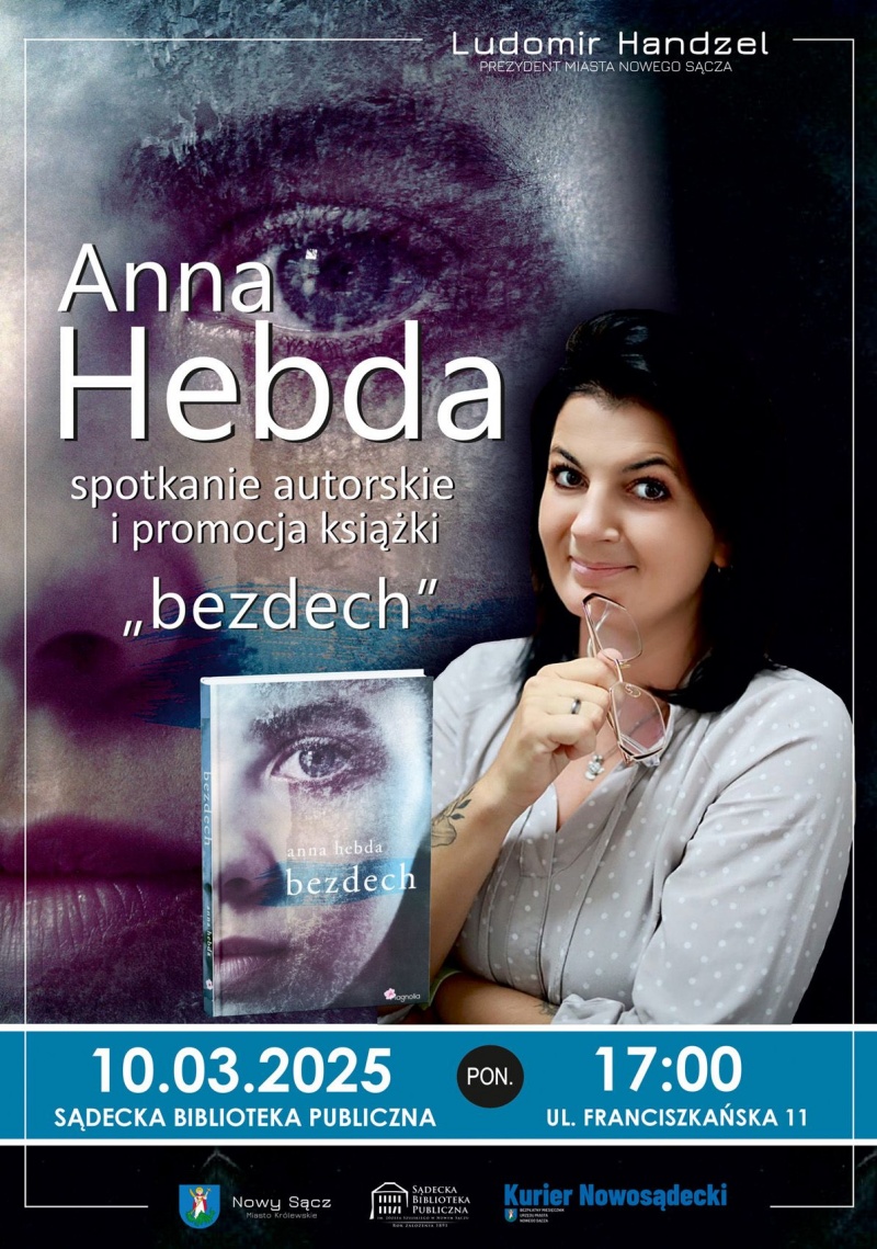 Plakat informujący o spotkaniu z Anną Hebdą w Sądeckiej Bibliotece Publicznej