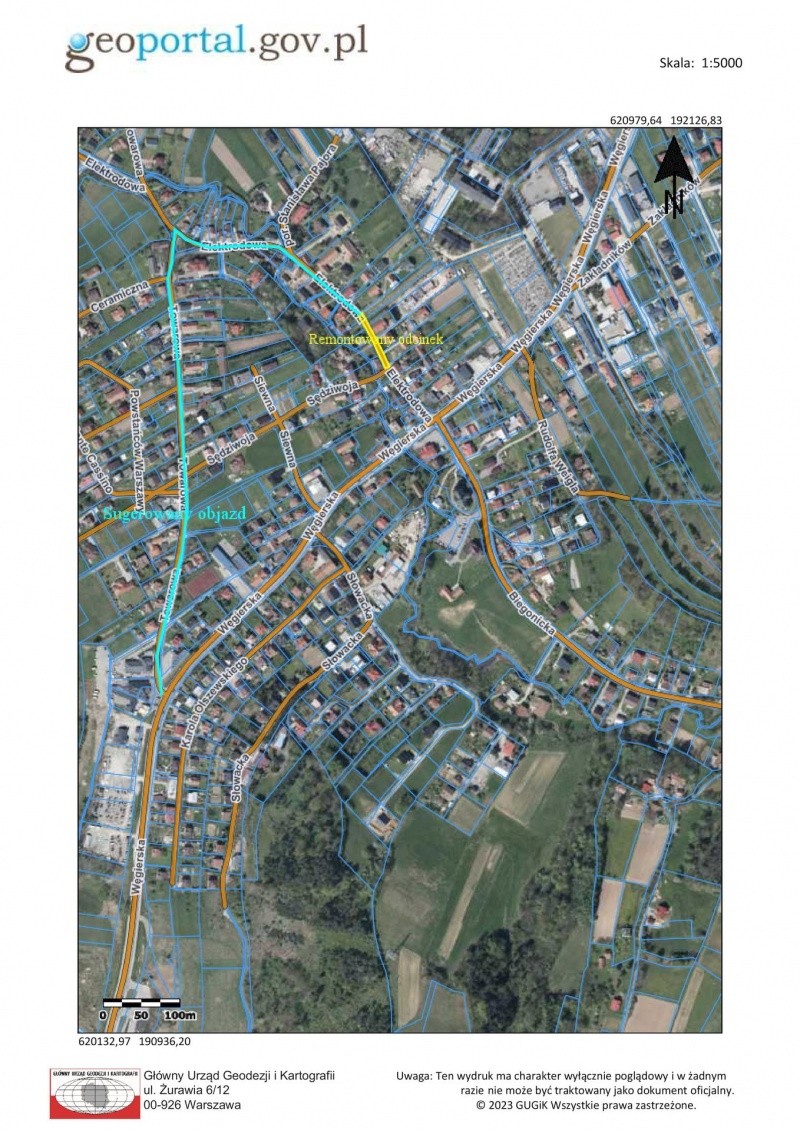 Mapka wskazująca objazd w związku z remontem ul. Elektrodowej