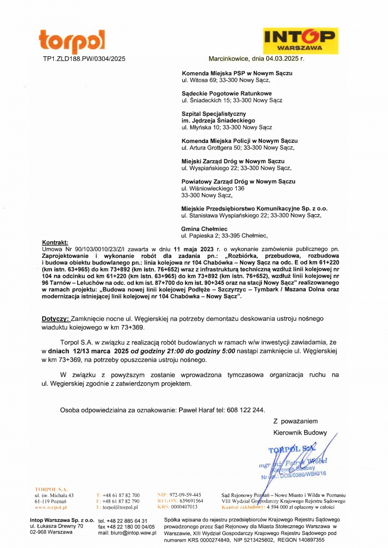 Pismo wykonawcy inwestycji dotyczące zamknięcia ul. Węgierskiej