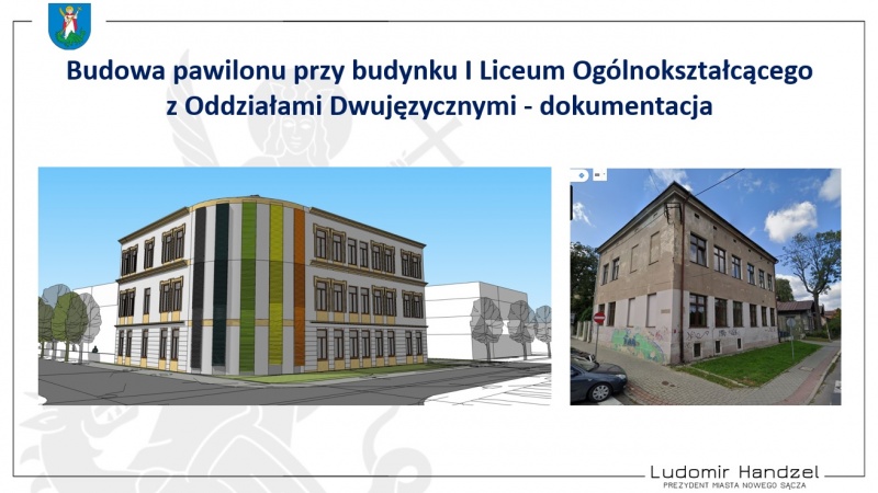 Po lewej wizualizacja nowego pawilonu I LO, po prawej obecny budynek