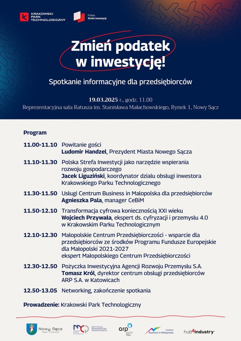 Plakat informujący o programie spotkania dla przedsiębiorców