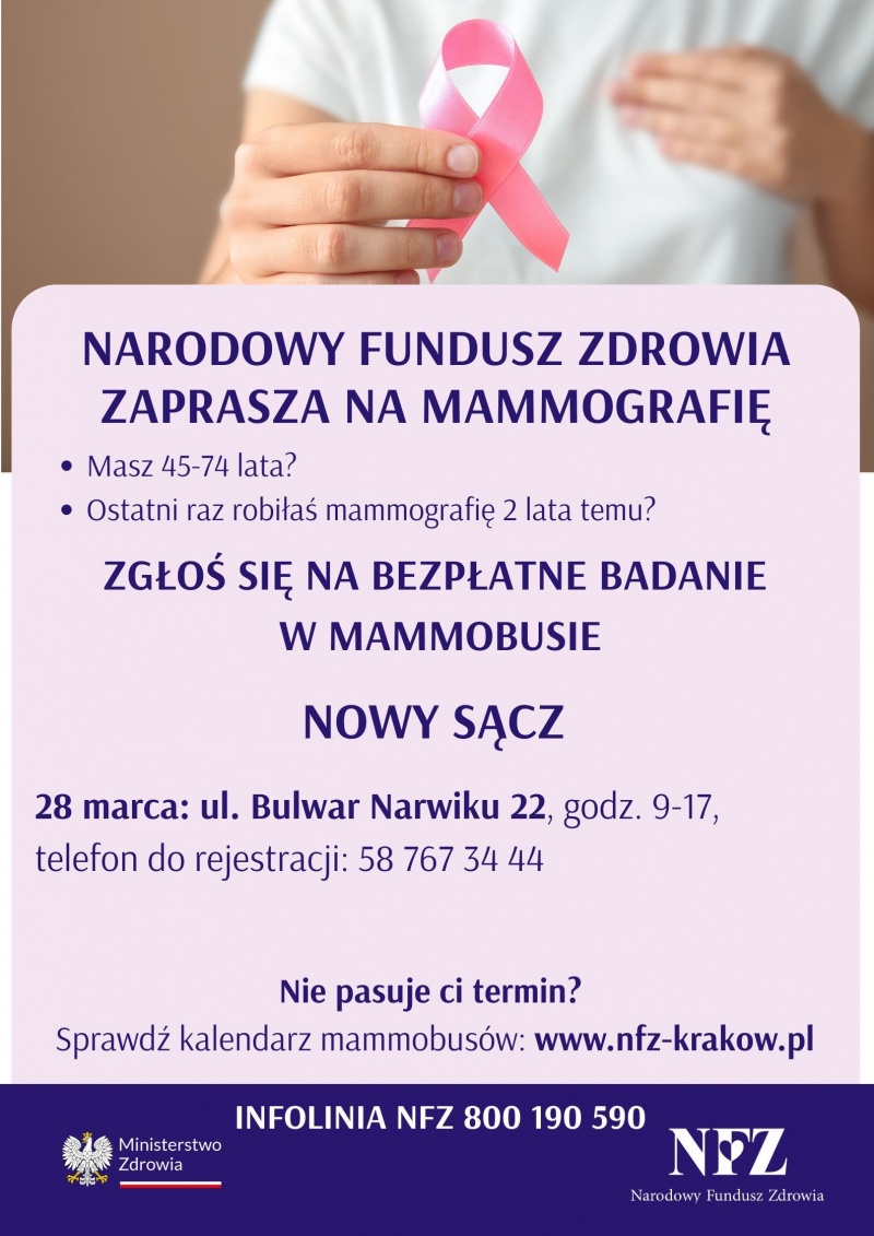 Plakat informujący o bezpłatnych badaniach mammograficznych w Nowym Sączu