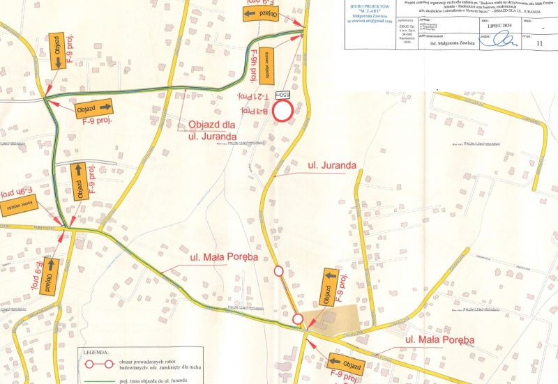 Mapka przedstawiająca objazdy w związku z przebudową ul. Mała Poręba
