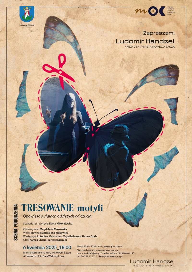 Plakat informujący o spektaklu pt. "Tresowanie motyli" w MOK