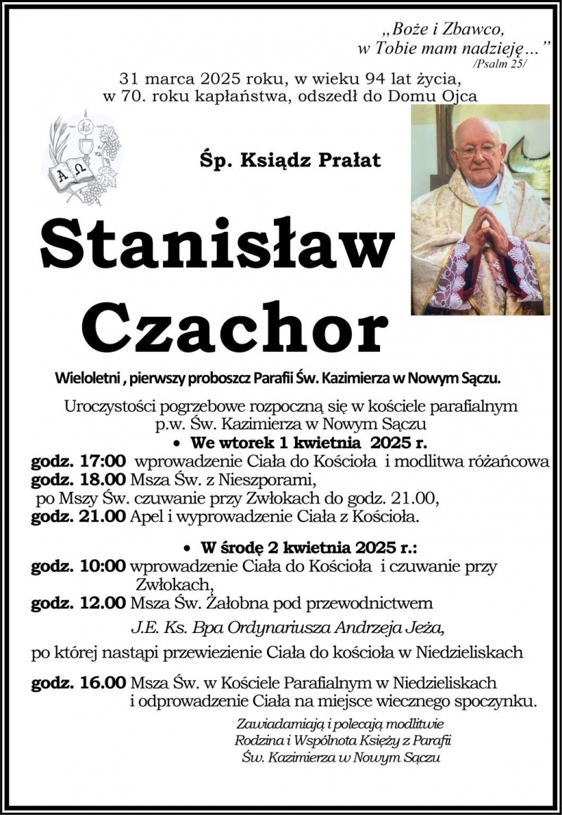 Klepsydra z informacją o śmierci ks. prałata St. Czachora oraz o uroczystościach pogrzebowych