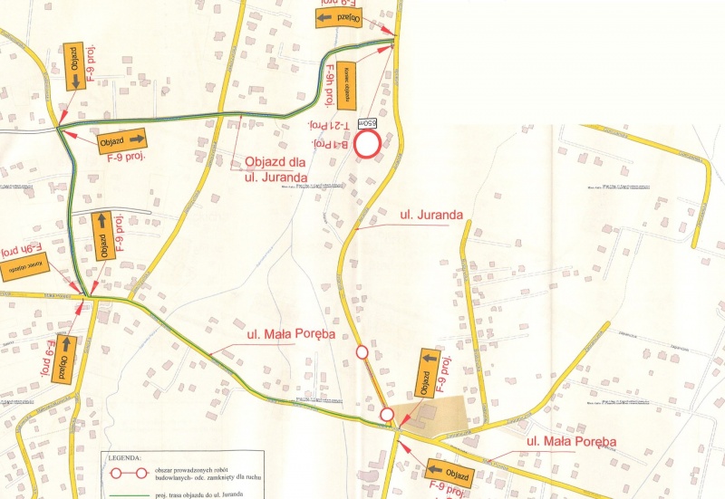 Mapka objazdów w związku z budową ronda u zbiegu ulic Mała Poręba, Juranda i Stadnickich