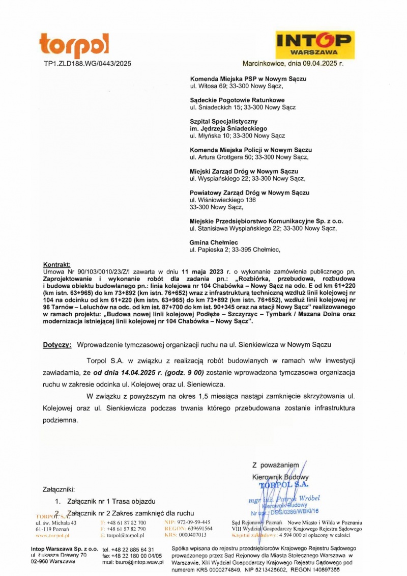 Pismo od wykonawcy inwestycji w sprawie zamknięcia skrzyżowania 
