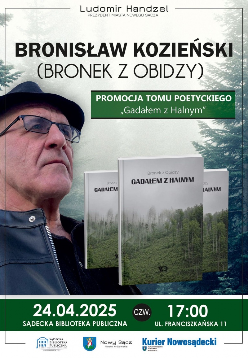 Plakat informujący o spotkaniu z Bronisławem Kozieńskim w Sądeckiej Bibliotece Publicznej