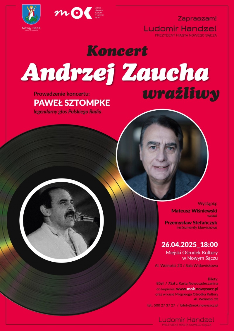 Plakat informujący o koncercie pn. "Andrzej Zaucha-wrażliwy" w MOK