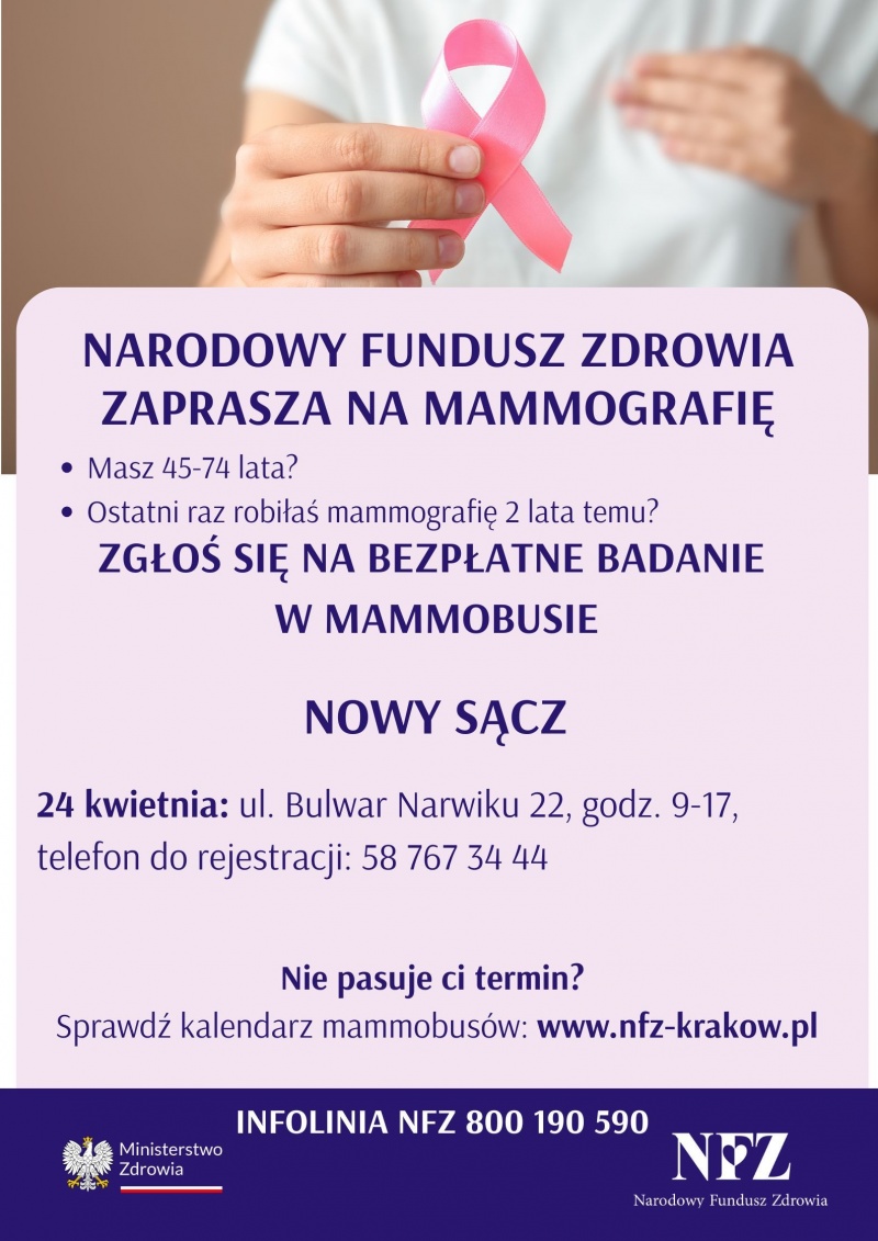 Plakat informujący o badaniach mammograficznych w mammobusie