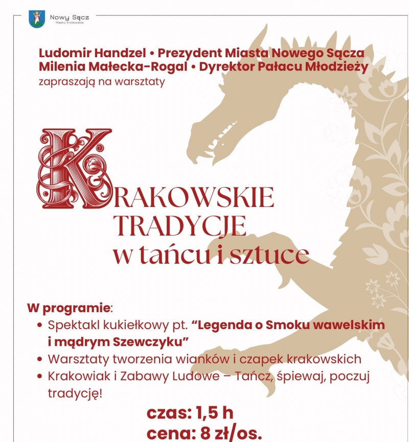 Plakat informujący o warsztatach pn. "Krakowskie Tradycje w tańcu i sztuce"
