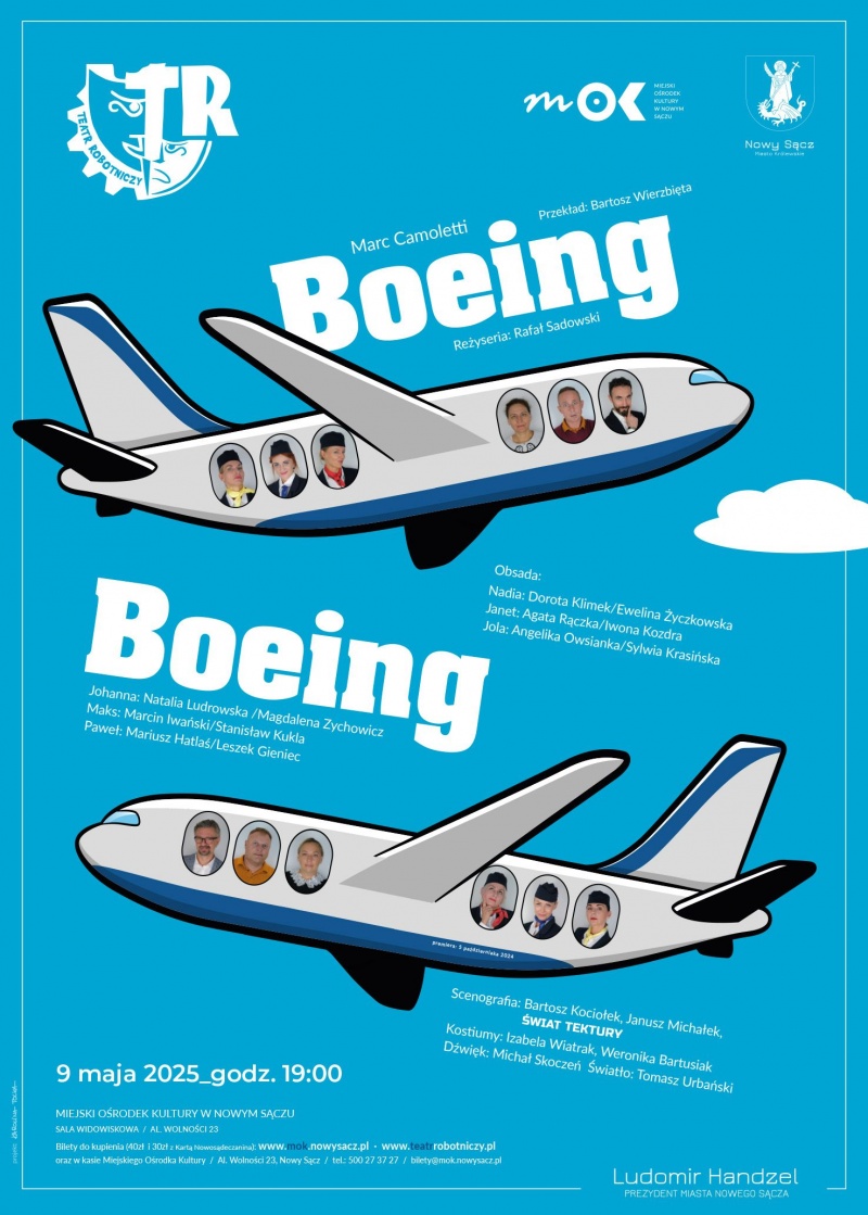 Plakat informujący o spektaklu pt. "Boeing, Boeing" w MOK