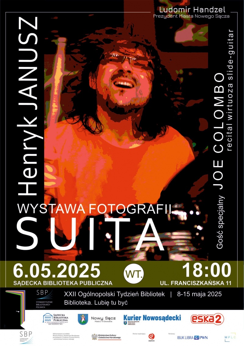 Plakat informujący o otwarciu wystawy Henryka Janusza w Sądeckiej Bibliotece Publicznej