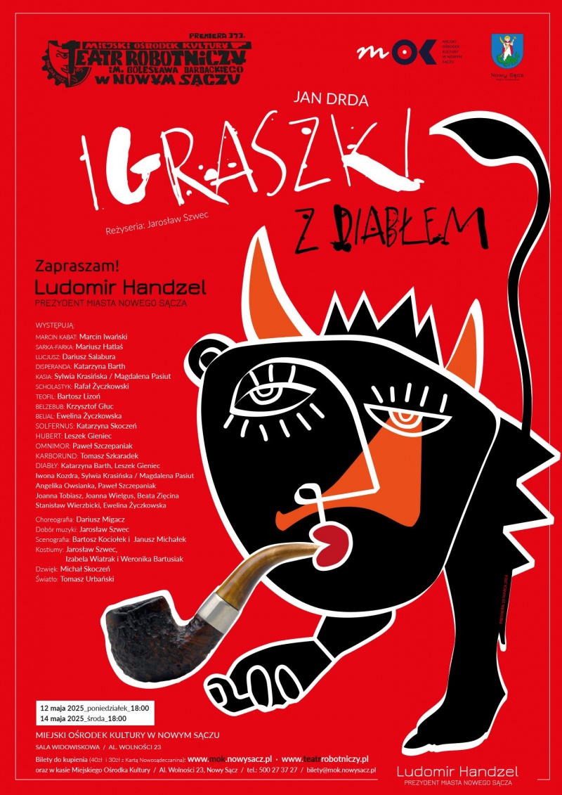 Plakat informujący o spektaklu pt. "Igraszki z diabłem" w MOK