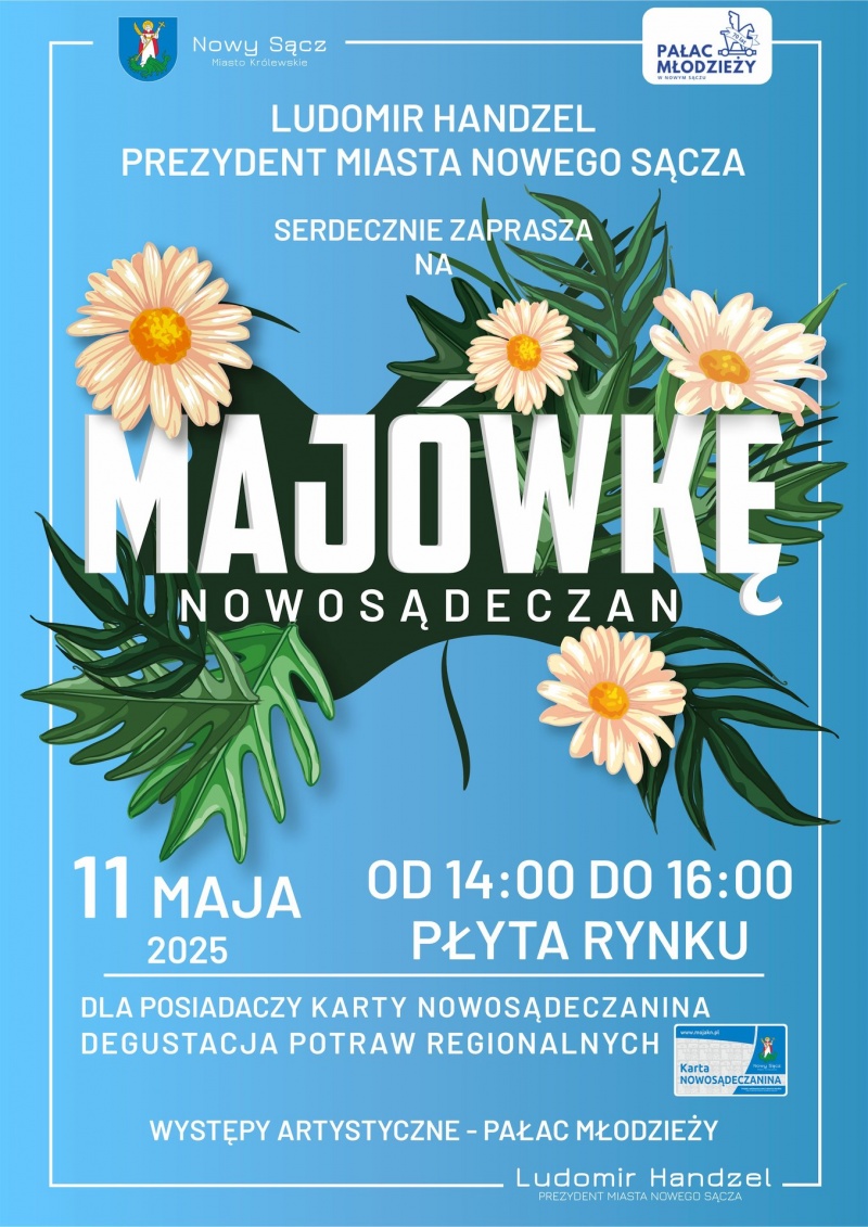 Plakat informujący o Majówce na płycie nowosądeckiego rynku